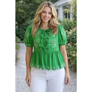 Women's Jodifiel Green Embroidered Peplum Blouse with Bows L